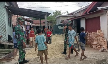 Tanpa Disuruh, Anak anak Kelurahan Meranti Pandak Ikut Bantu Satgas TMMD