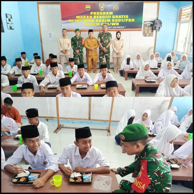 Kodim 0301/Pbr Peduli Gizi Santri, Bagikan 125 Kotak Makanan di SMPIT Rasyid Al Faiz