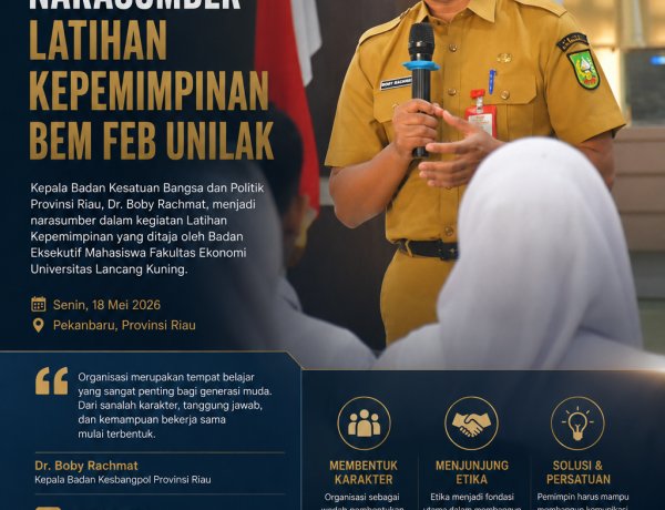 Kaban Kesbangpol Riau Jadi Narasumber Latihan Kepemimpinan BEM FEB Unilak